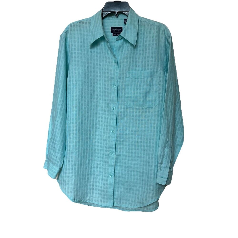 Irish Linen Liz Claiborne Top Women’s Med Lt Blue Long Sleeve Preppy Minimalist